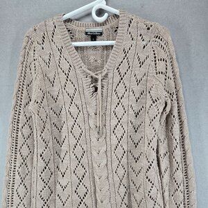 Allison Brittney Sweater, Tan/Brown, Large, Tie Detail, 100% Acrylic